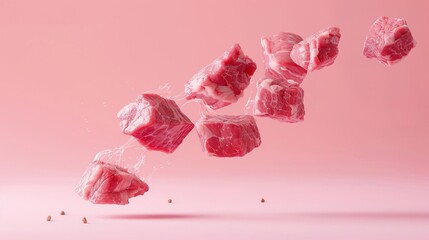 levitating Beef cutted pieces, separated, pastel color background, professional studio photography, hyperrealistic, minimalism, negative space, high detailed, sharp focus