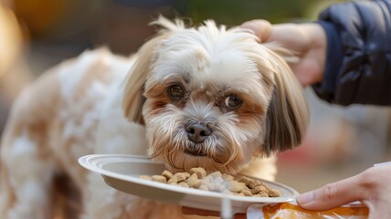 Dog owner's hands pour food from a bag onto a plate for a Shih Tzu.