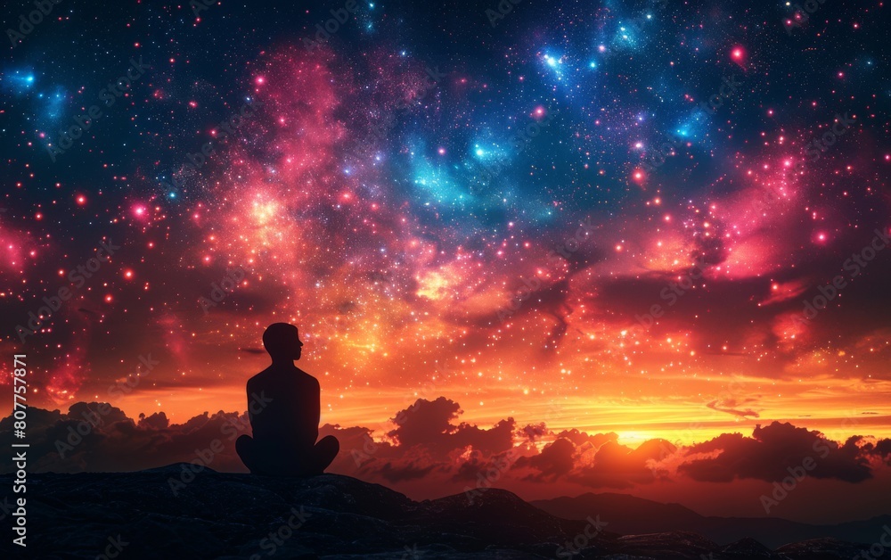 Poster a person is sitting on a rock and looking up at the sky. the sky is filled with stars and clouds, cr