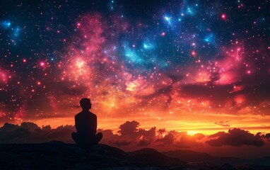 A person is sitting on a rock and looking up at the sky. The sky is filled with stars and clouds, creating a serene and peaceful atmosphere. The person appears to be lost in thought - Powered by Adobe