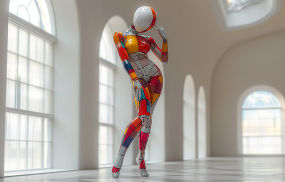 Dancing robot. 3D render of a colorful futuristic female robot in a seductive dance pose shot in an empty hallway with arched windows. In style of bringing together old and new.	