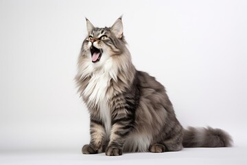 Full-length portrait photography of a smiling norwegian forest cat licking a paw over minimalist or empty room background