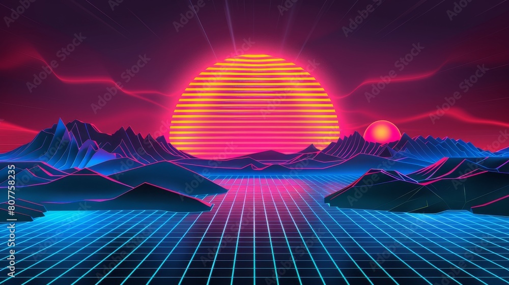 Poster neon sunset synthwave background from the 80s. cyber grid background with abstract futuristic vaporw
