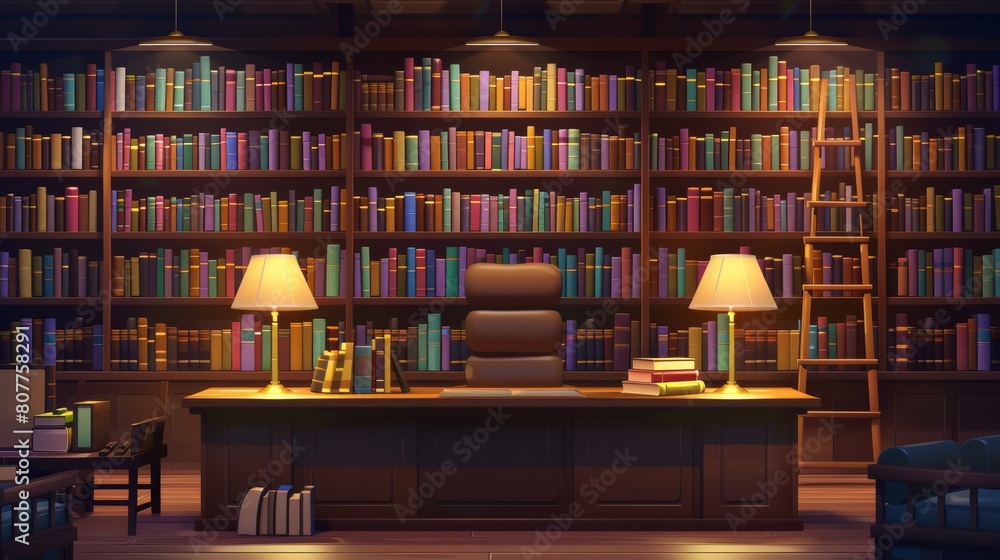 Wall mural cartoon modern public bookstore with literature for school study or reading concept with many books 