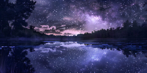 Starry night sky over a lake with a forest and a full moon , Photo starry night sky water reflect night light sky stars space
