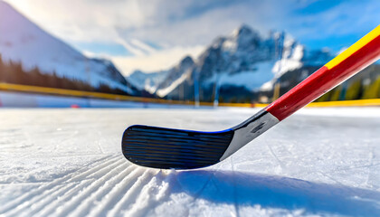 Close Up of a Hockey Stick on the Ice. Generative AI - obrazy, fototapety, plakaty