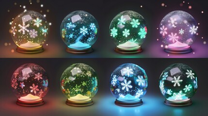 Realistic 3D modern set of transparent plastic globes with floating snowflakes inside for Christmas celebration. Magic Christmas snowball. Winter holiday decoration.
