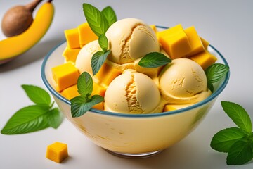 Ice cream with mango pieces and mint. Generative AI.