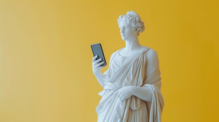 Vintage antique statue with smartphone in hand on a yellow background. The concept of accessibility of communication and the Internet. Be in touch. Blogging, social media