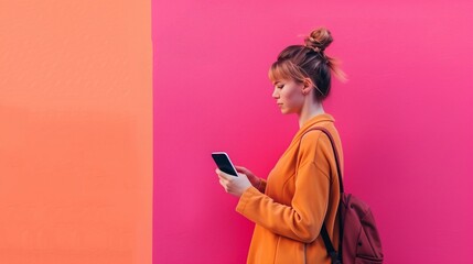 a woman with a smartphone in her hands on a pink background. The concept of accessibility of communication and the Internet. Be in touch. Blogging, social media