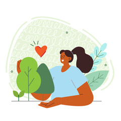 Vector illustration in flat style on the theme of clean energy production and planet protection. A girl holding a forest and trees in her hands. Love for nature.