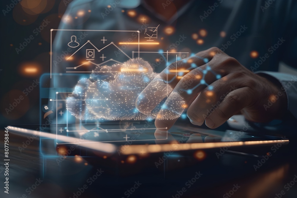 Poster businessman accessing cloud storage with digital graphs and icons on tablet