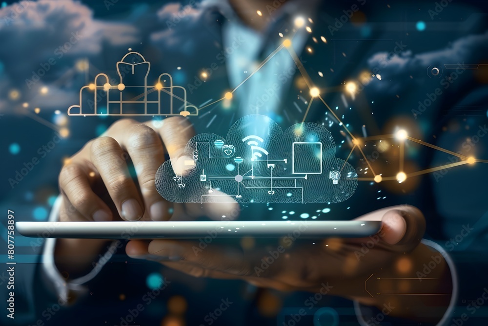 Poster businessman accessing cloud storage system with digital data visualizations