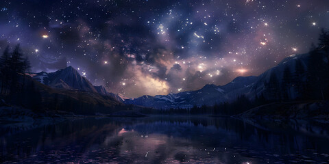 A night sky with stars and mountains in the background, Galaxy nature aesthetic background starry sky mountain remixed media - obrazy, fototapety, plakaty