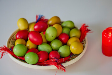 a plate of colored Easter eggs.