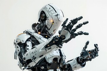 Modern robot showing something with hands, white background