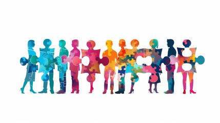 Fototapeta premium Colorful puzzle pieces form the silhouette of diverse business people