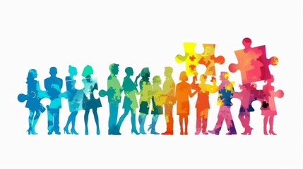 Colorful puzzle pieces form the silhouette of diverse business people