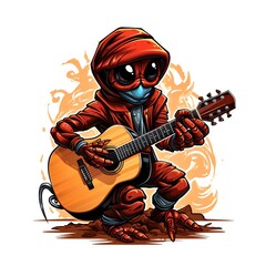 A cartoon scorpion playing a guitar, musical and cool, isolated on a white background