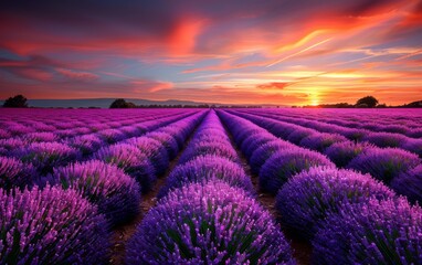Fototapeta premium A field of lavender flowers with a beautiful sunset in the background. The sky is filled with clouds and the sun is setting, creating a warm and peaceful atmosphere