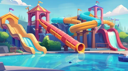 Cartoon background of summer aqua park swimming pool with water slide and inflatable activity for children to play. Colorful resort pipeline and fountain environment panorama.