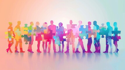 Colorful puzzle pieces form the silhouette of diverse business people