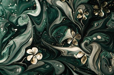 Enchanting Floral Ink Pattern with Glitter Accents - Dark Green and White Botanical Abstract Art
