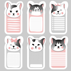 A set of notebook pages with cute cat faces. Template for planning, to-do list, daily schedule, sheet for notes and other reminders.