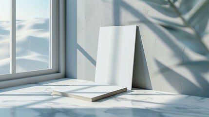 Flyer, two blank books on marble floor near window with snowy landscape outside, idea thought...