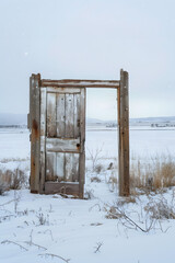 old worn out wooden door on a snowy field