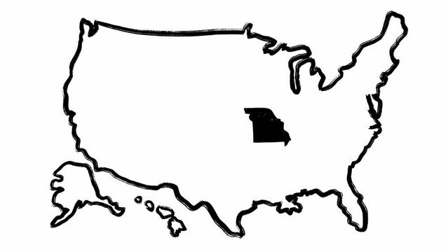 Missouri state and America country map in full stack of grunge style hand drawn animations. Isolated stop motions of the USA outline territory in black color on white background. Making banners