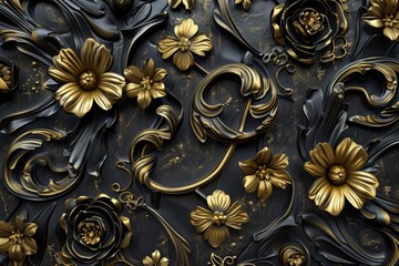 3d render, abstract black gold vintage floral background embossed, medieval botanical pattern, forged metallic tile, ancient ironwork, tropical flowers