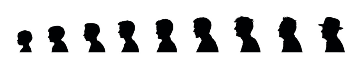 Man life cycle from child to elderly face side profile silhouette set collection. Male person aging process from baby to old age face profile black silhouette set.