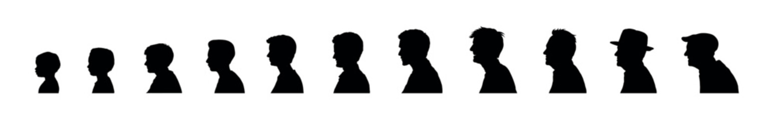 Man life cycle and aging process side view face profile silhouette set on isolated white background.