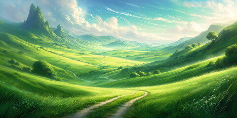 A serene landscape featuring rolling green hills, a winding dirt road, and majestic mountains in the distance under a clear blue sky with wispy clouds.