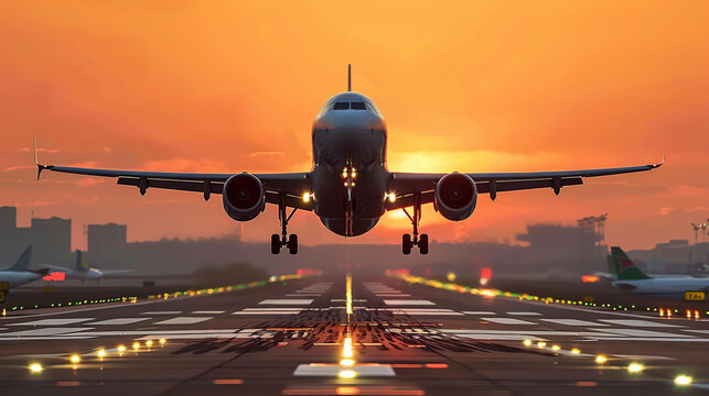 A large jetliner taking off from an airport runway at sunset or dawn with the landing gear down and the landing gear down, as the plane is about to take off