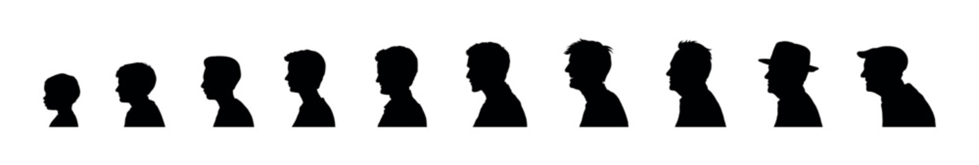 Man life cycle from newborn to retirement face profile black silhouette set on isolated white background.