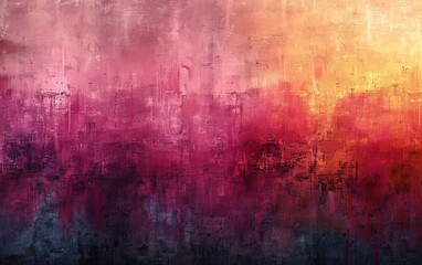 A painting of a cityscape with a pink and orange background. The painting is abstract and has a lot of texture. The colors are bold and vibrant, giving the painting a sense of energy and movement