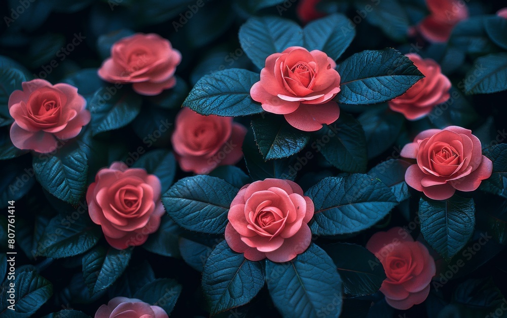 Poster A close up of a bunch of red roses with green leaves. The roses are arranged in a way that they are almost touching each other, creating a sense of unity and harmony