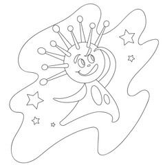 Curious alien wondering looking up into space. Black and white. Cartoon vector illustration for children's coloring book. Worksheet.