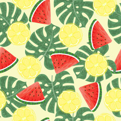 Seamless pattern with hand drawn  watermelon, lemon slace and tropical monstera leaves on yellow background.