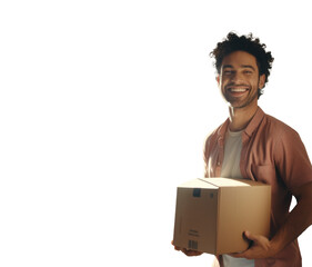 Smiling man holding a package, against transparent background