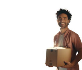 Smiling man holding a package, against transparent background
