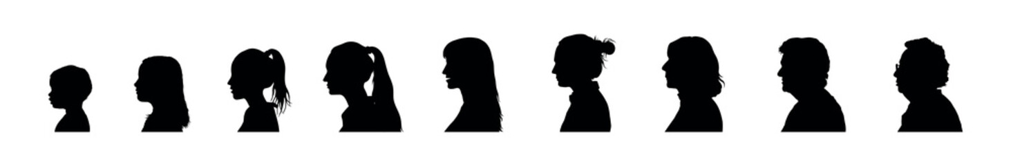 Woman life cycle and aging process side view face profile silhouette set on isolated white background.