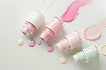 Pastel Nail Polish Bottles Pouring on White Surface with Soft Lighting