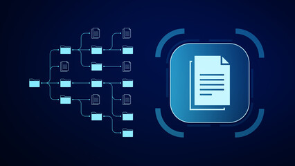 Document management system utilizing AI for automated processes, enhancing workflow productivity and organization. Illustration of digital transformation.
