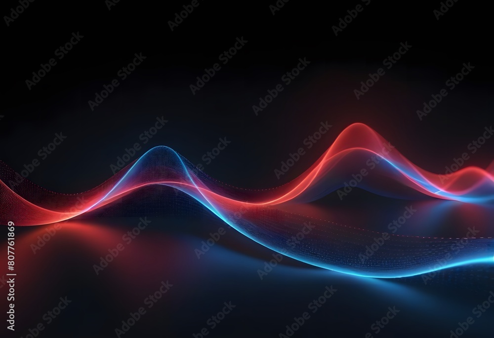 Poster digital cyberspace futuristic, red and blue color particles wave flowing with lines and dots connect