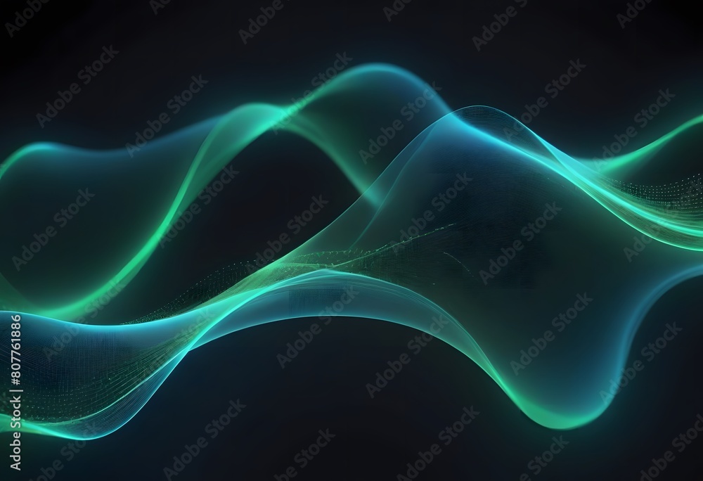 Poster Digital cyberspace futuristic, Green and Blue color particles wave flowing with lines and dots connection, Technology network abstract background. 3d rendering 