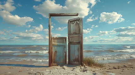 old worn out wooden door at the beach
