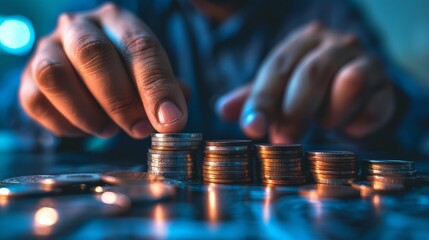 picture of man putting stack of coins into one row